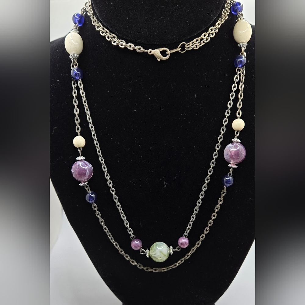 🌞 Double Layered Necklace Silver Tone with Glass Beads 32" on Shortest Strand